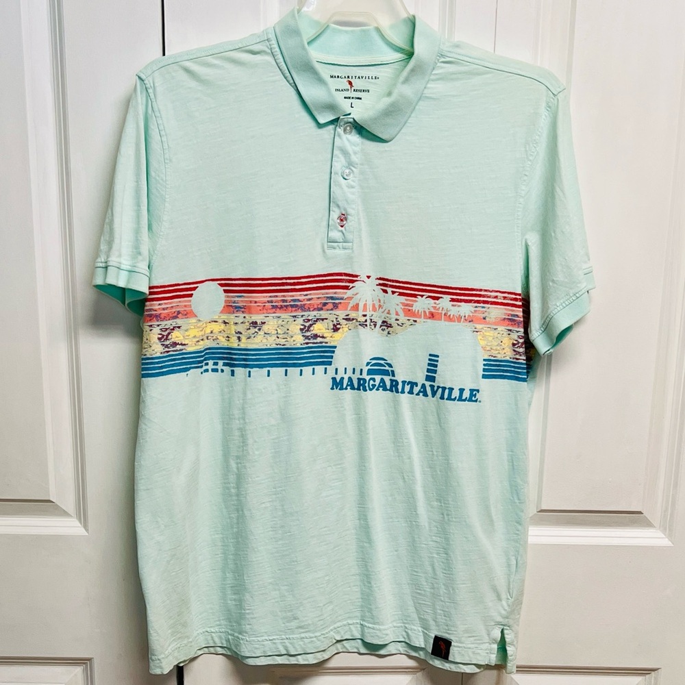 Margaritaville Light Mint Graphic Polo with Coastal Stripe Shirt Size L